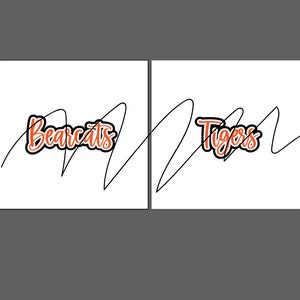 May include: Two square white backgrounds with the words "Bearcats" and "Tigers" in orange script with a black outline. A black squiggly line is behind each word. The background is a dark gray.