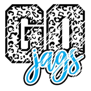 Puede incluir: Gráfico en blanco y negro del número 60 con un patrón de estampado de leopardo. El texto "jags" está escrito en azul debajo del número.