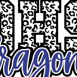 May include: A graphic design featuring the letters "DHS" in a black and white leopard print pattern, with the word "dragons" in blue script below. The design has a white background and a black outline.
