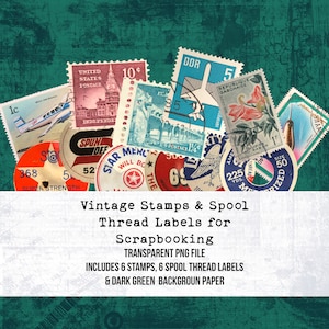 Vintage stamps and Thread Spool Labels for junk journal. Collage Paper, Digital printable, Printable Papers,  Paper Pack, Junk Journal