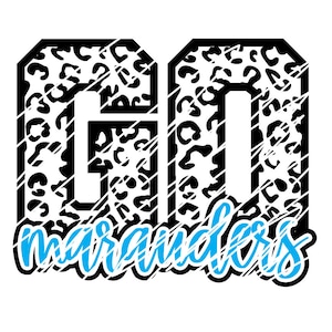 May include: Black and white graphic with the text "GO" in large, bold letters with a leopard print pattern. The text "marauders" is written in blue below the letters.