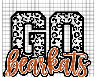 May include: A graphic design featuring the words "GO Bearkats". The word "GO" is in a black outlined font with a leopard print pattern. The word "Bearkats" is in an orange script font with a black outline.