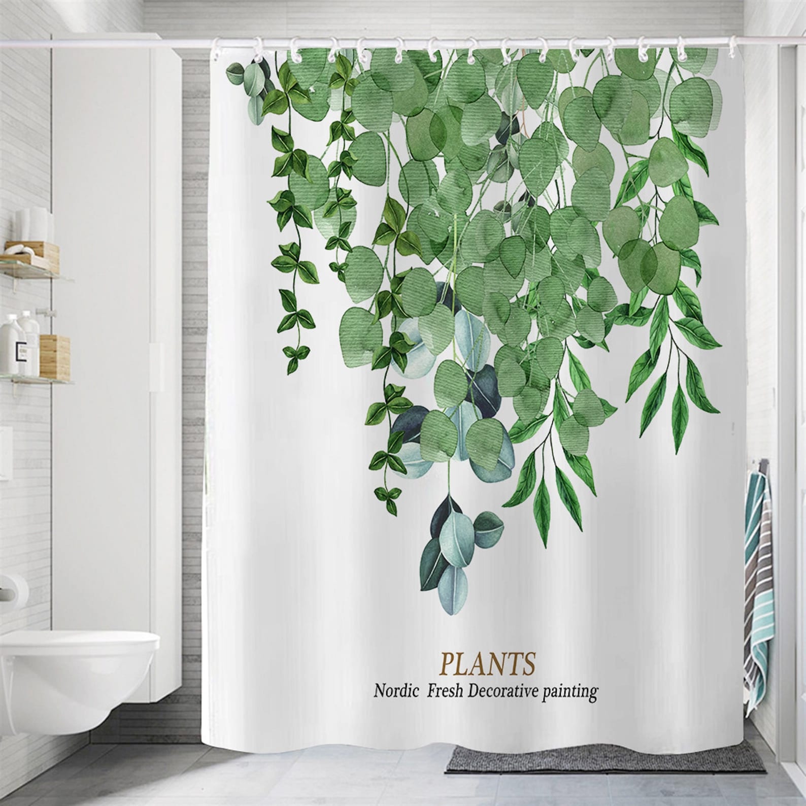 Green Leaves Plant Shower Curtain Boho Shower Curtain Nature Etsy