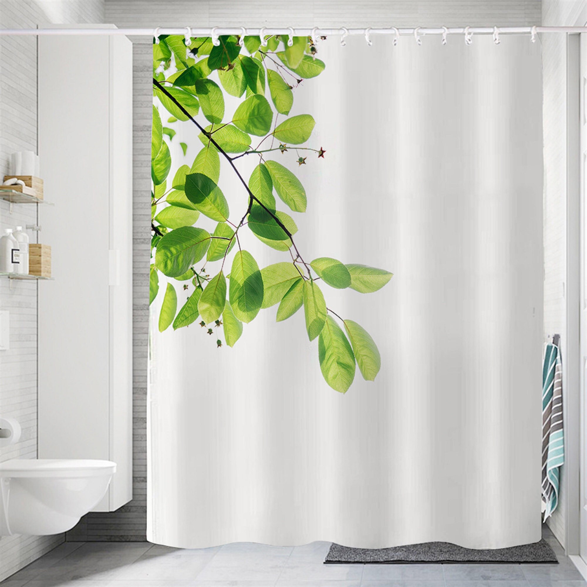 Green Leaves Shower Curtain Bathtub Decor Modern Bathroom Etsy