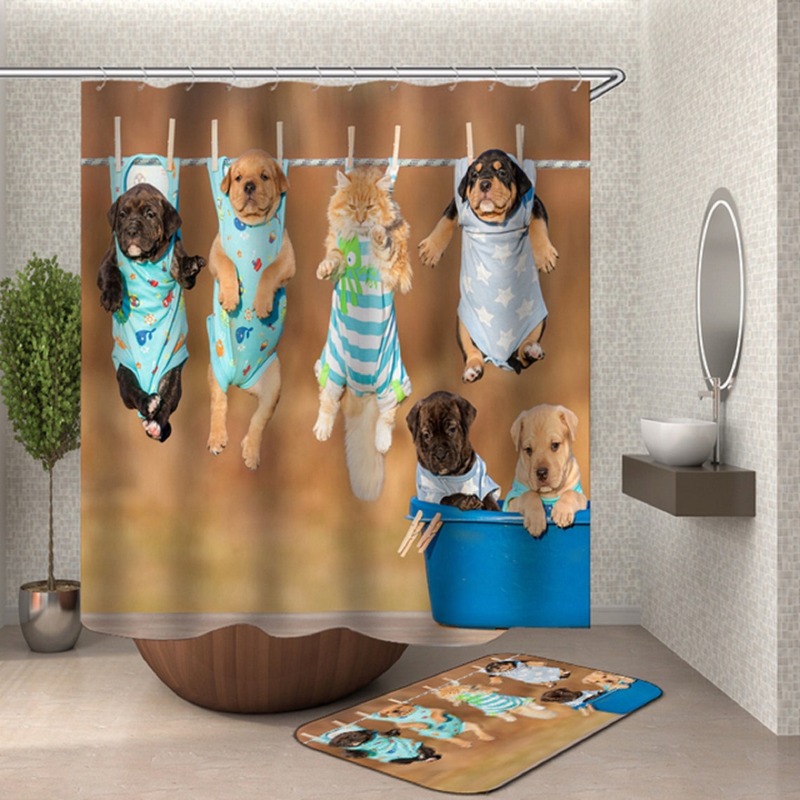 Funny Cat Waterproof Shower Curtains Cat Dog 3d Bathroom Etsy