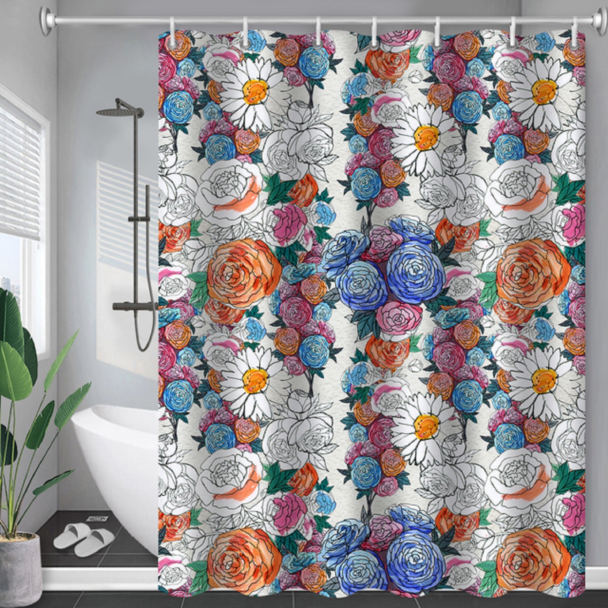 Vintage Floral Shower Curtains Bathroom Bright Fabric Blossom Etsy