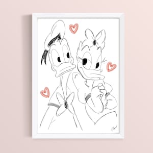 Regalo Disney, Paperino, Stampa, Regali per lei, Paperino e Paperina, Arte murale, Stampe per la casa, Nero, Rosso, Schizzo, Natale, Fidanzamento Disney