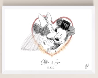 May include: A black and white sketch of Mickey Mouse and Minnie Mouse dressed as a bride and groom. They are kissing inside a heart-shaped frame with a gold glitter texture. The text "Abbie & Joe 09.12.21" is below the image.