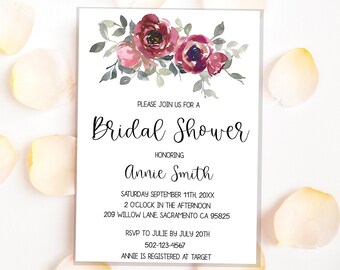 Floral Bridal Shower Invitation | Burgundy Blush Bridal Shower Invite | Watercolor Wedding Shower Template | Printable Shower Invite