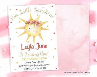 Our Little Sunshine Birthday Invitation | Editable Sun 1st Birthday Card | Printable Girls Birthday Invite | Summer Party Template for Kids