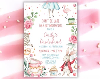 Alice in Wonderland Invitation | Tea Party Onederland | Girl First Birthday Invite | Editable Corjl Template | Pink Floral Theme