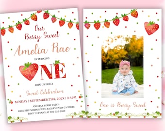 Strawberry First Birthday Invitation - Berry Sweet Birthday Invitation - One Summer Fruit 1st Digital b-day Invite - Editable w/ Corjl