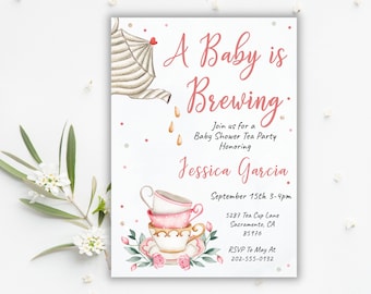 Uitnodiging babyshower theekransje | Een baby is aan het brouwen Uitnodiging | Afdrukbare babyshower meisje | Babyshowerkaart met kopje thee | Bewerkbare sjabloon
