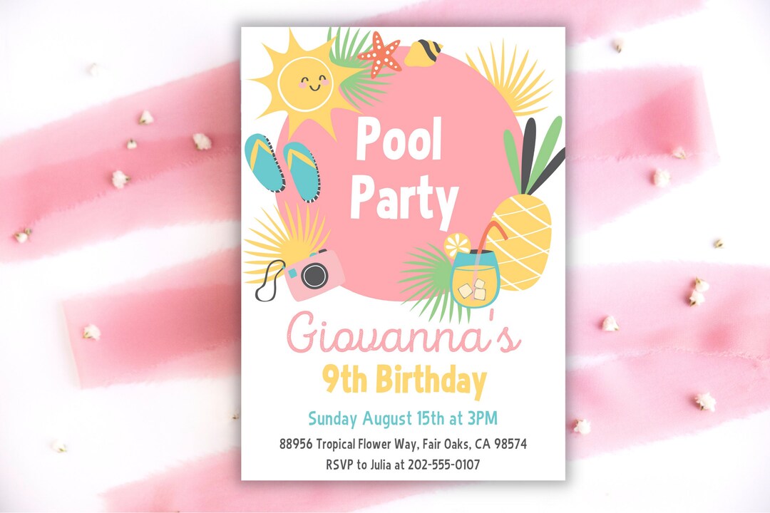 Pool Part Card Pool Party Birthday Invitation | Editable Tropical Summer Invite ...