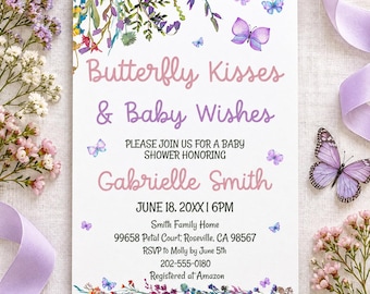 May include: A white rectangular baby shower invitation card featuring watercolor illustrations of purple butterflies and colorful wildflowers. The text reads: Butterfly Kisses & Baby Wishes, Please join us for a baby shower honoring Gabrielle Smith, June 18, 20XX at 6PM, Smith Family Home, 99658 Petal Court, Roseville, CA 98567, RSVP to Molly by June 5th, 202-555-0180, Registered at Amazon.
