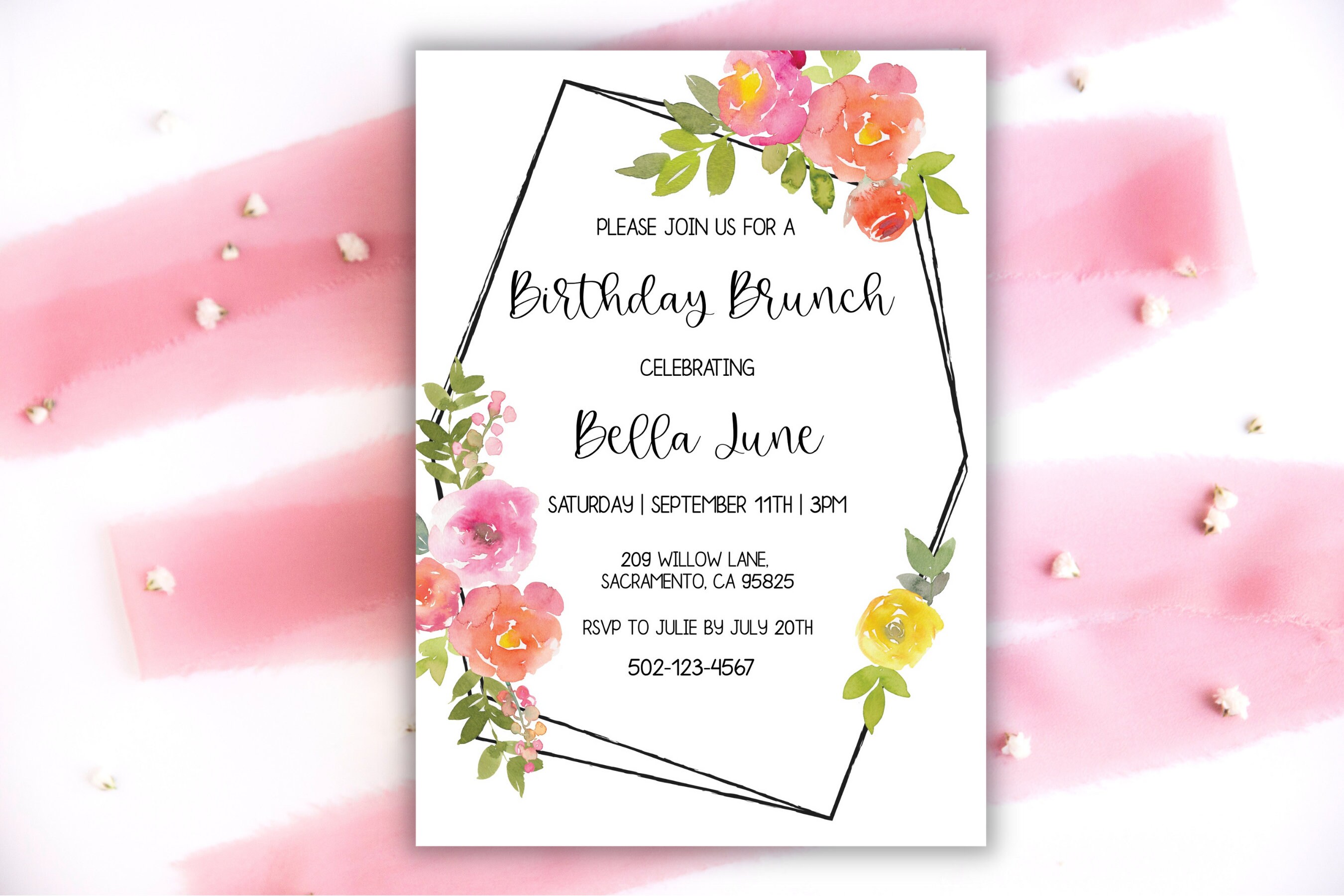 Birthday Brunch floral Invitation - Bright Pink Orange Bday Party - Flowers - Any Age Birthday - Girls Invite - Editable W/ Corjl - KPI104