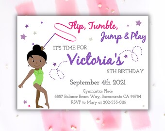 Flip Tumble Jump Gymnastics Birthday Invitation | Editable Girl Gym Party Invite | Purple Pink Green | Digital Download | 5th Birthday