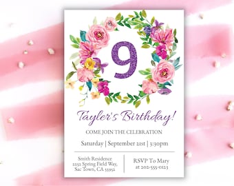 Floral Birthday Invitation | Editable Glitter Birthday Card | Purple Flower Party Invite | Printable Girls Birthday Template Any Age