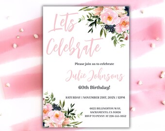 Lets Celebrate Birthday Invitation | Editable Pink Floral Party Card | Printable Birthday Invite | Elegant Birthday Party Template for Women