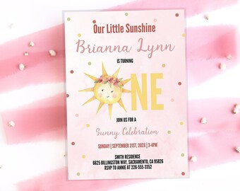 Our Little Sunshine First Birthday Invitation | Sun Birthday Party Invite | Girls One Birthday Card | Printable Editable Digital Download