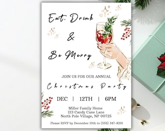 Eat Drink & Be Merry Christmas Party Invitation | Holiday Party Invite Template | Editable Christmas Invite | Printable Holiday Invitation