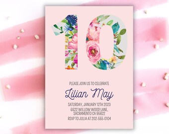 May include: A pink invitation card with a floral "10" design. The numbers are filled with watercolor flowers in pink, blue, and green. The text reads "Please join us to celebrate Lilian May" with event details.