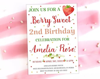 Invitación de cumpleaños con temática de bayas / Invitación de segundo cumpleaños con fresas / Plantilla editable para fiesta temática de bayas / Invitación de cumpleaños imprimible para niña