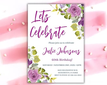 Lets Celebrate Birthday Invitation | Editable Purple Floral Party Card | Printable Birthday Invite | Elegant Birthday Template for Women