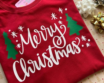 Christmas Tree Merry Christmas Tee Christmas T-shirt for Woman Custom Gift For Christmas Red Shirt for Holiday