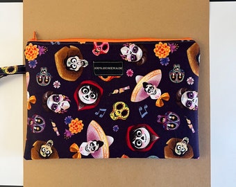 zipper pouch bag , coco inspired , great for cosmetics, school supplies, Disney trip , washable , reusable , handmade bag , gift ideas