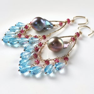 Stunning Irregular Baroque Pearl, Natural Blue Topaz Earrings / Handmade Unique Earrings /Gold Filled Jewelry /Gorgeous Earrings /Women Gift