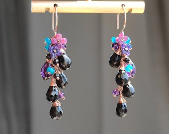 Black Spinel, Amethyst, Opal Handmade Cluster Earrings/14k Rose Gold Filled/Floral Earrings/Unique Gemstone Earrings/Birthday Gift For Her