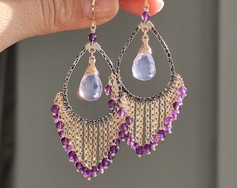 Lavender Quartz Purple Earrings/Handmade Tassels Earrings/Gold Filled Silver Earrings/Gorgeous Earrings/Unique Gift For Her/One Of A Kind