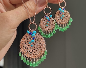 Crochet Rose Gold Filled Jewelry Set: Tsavorite, Turquoise & Lapis Lazuli