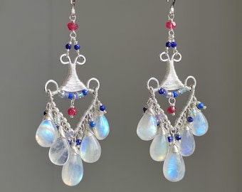 Rainbow Moonstone Chandelier Silver Earrings/Birthday Stone Handmade Earrings/Unique Earrings/Boho Earrings/Women Gift/Handmade Jewelry