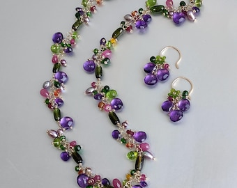 Rich Amethyst, Green Tourmaline, Multi Gemstone Handmade Jewelry Set / Gemstone，Gold Filled Necklace, Earrings / Unique Gift For Her