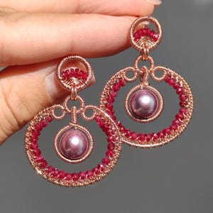Natural Purple Pearl, Ruby Handmade Dangle Earrings / Gemstone, 14k Rose Gold Wire Wrapped Statement Earrings / Unique Jewelry