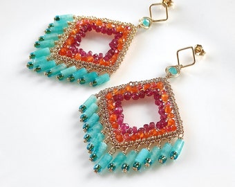 Amazonite, Carnelian, Pink Sapphire Handmade Rhombus Statement Earrings/Gemstone Earrings/Artisan Earrings/Energy Stone Earrings/Women Gift