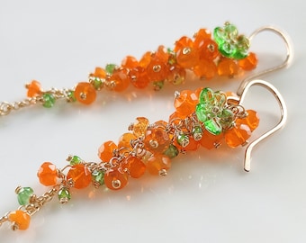 Orange Ethiopian Opal, Tsavorite Handmade Cluster Earrings/Lightweight Earrings/Everyday Earrings/Unique Stone Earrings/Gift For Mom