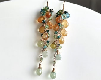 Natural Multi Gemstone Earrings/Cluster Earrings/Unique Floral Earrings/Handmade Long Earrings/Topaz, Aquamarine Earrings/Gift For Her