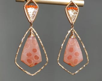 Fossilized Coral Dangle Earrings: Handwoven 14k Gold Filled Artisan Jewelry