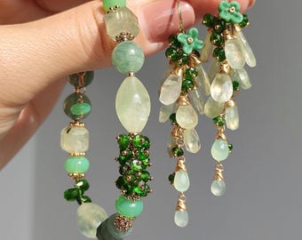 Green Gemstone Bracelet & Earrings Set: 14k Gold Filled Boho Jewelry
