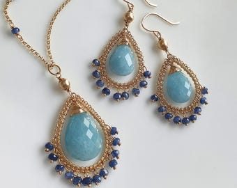 Handmade Aquamarine & Sapphire Jewelry Set: 14k Gold Filled Necklace Earrings