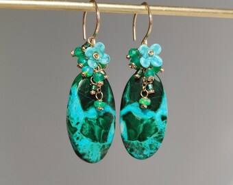 Unique Chrysocolla Handmade Dangle Earrings // Onyx, Green Opal, Flower Accents, 14k Gold Filled Jewelry