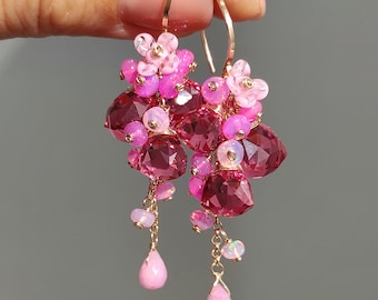Hydro Quartz, Pink Opal, Handmade Cluster Earrings // 14K Gold Filled, Boho Statement Jewelry // Romantic Drop Earrings // Gift for Her