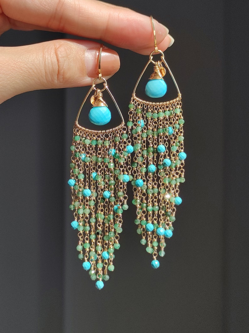 Turquoise&emerald Tassels Earrings // Gemstones Long Earring Etsy