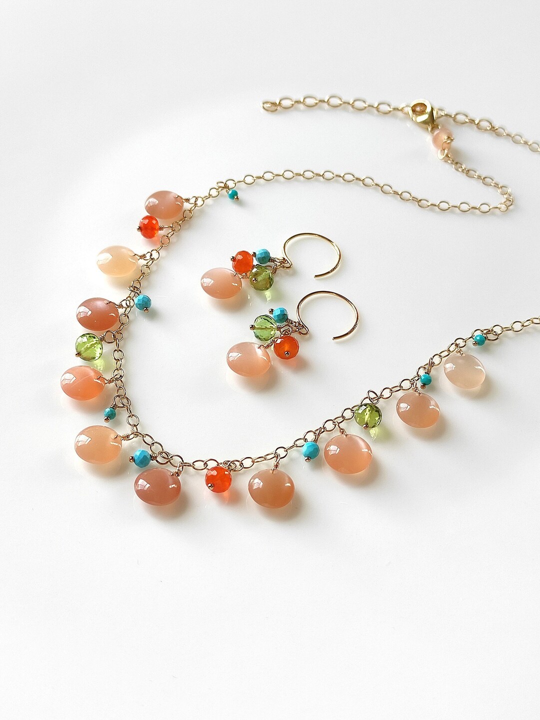 Lovely Candies Jewelry Set / Peach Moonstone Necklace / Handmade