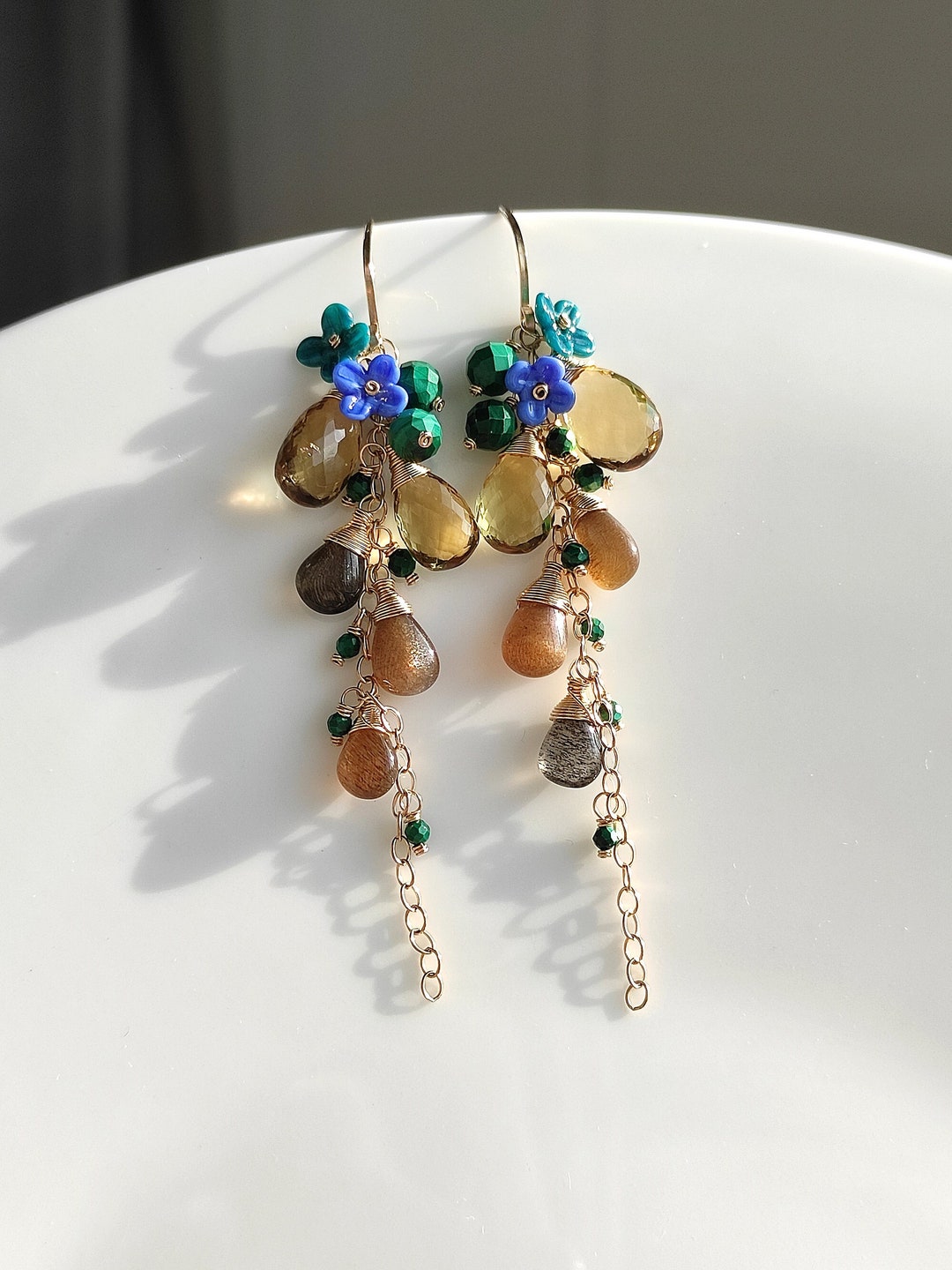 Brandy Quartz, Brown Moonstone Earrings/handmade Earrings/stone Earrings/floral Earrings/cluster