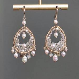 Handwoven Labradorite Pearl Earrings: 14k Gold Filled Dangle Jewelry