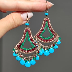 Sleeping Beauty Turquoise Chandelier Earrings: Ruby, Onyx, 14k Gold Filled